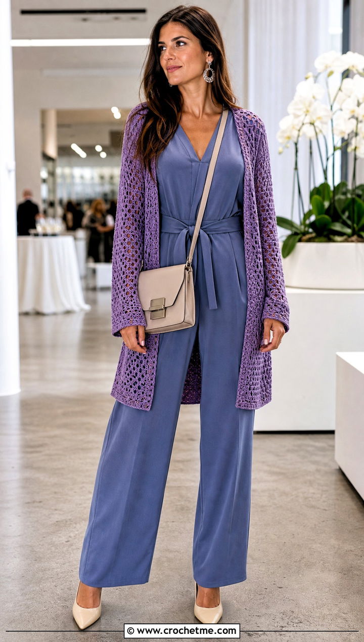 Open Front Crochet Cardigan With Jumpsuit - 30 crochet women's cardigan outfit ideas