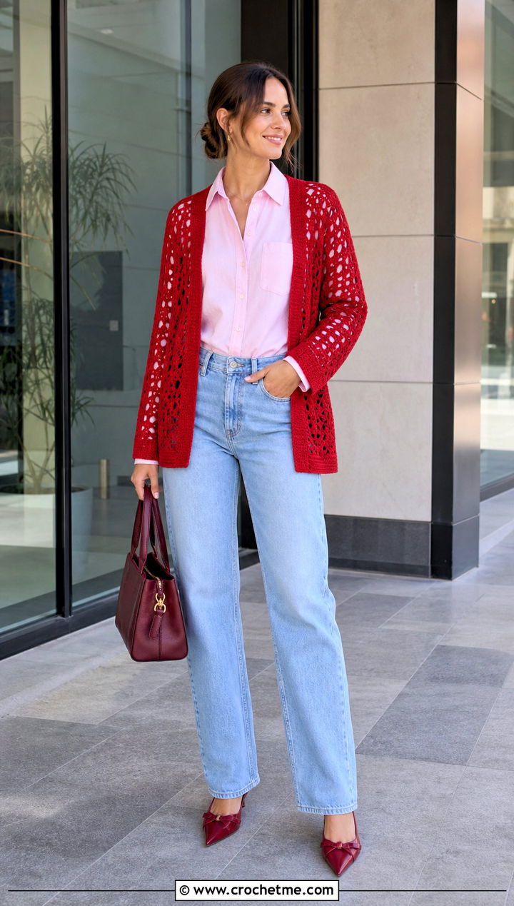 Open Front Crochet Cardigan With Matching Denim - 30 fast crochet cardigan outfit ideas