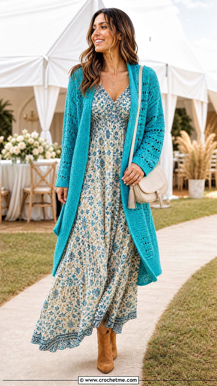 Open Front Crochet Cardigan With Maxi Dress - 35 crochet cardigans outfit ideas