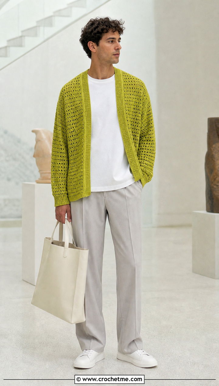 Open Front Crochet Cardigan With Minimal Basics - 35 mens crochet cardigan outfit ideas