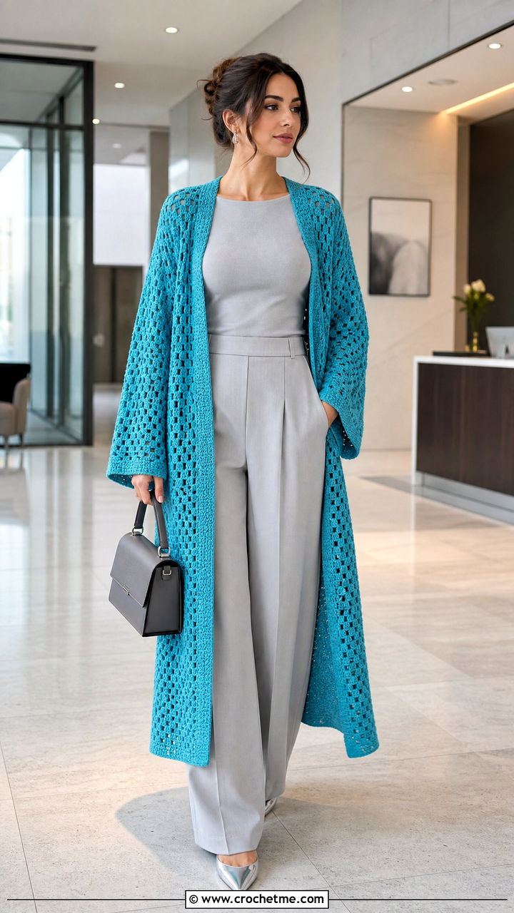 Open Front Crochet Cardigan With Monochrome Outfit - 35 oversized crochet cardigan outfit ideas