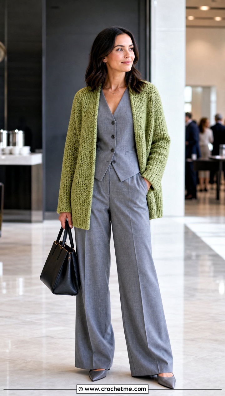 Open Front Crochet Cardigan With Monochrome Suit - 25 thick crochet cardigan outfit ideas