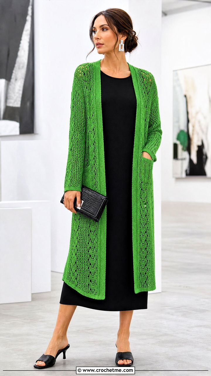 Open Front Crochet Cardigan With Pockets And Column Dress - 35 crochet cardigan with pockets outfit ideas