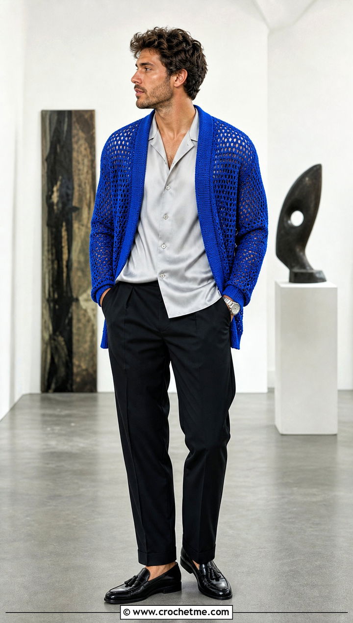 Open Front Crochet Cardigan With Satin Shirt - 30 crochet man cardigan outfit ideas