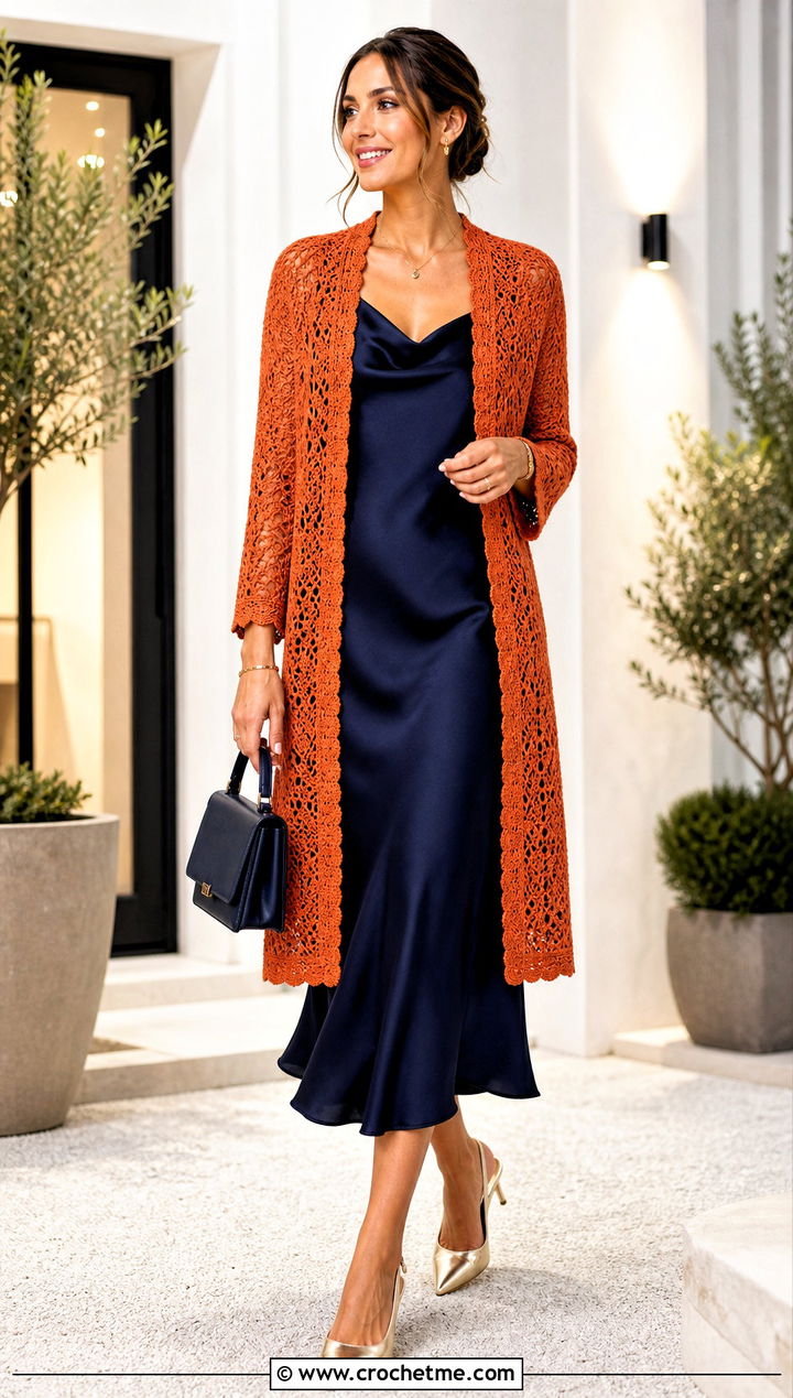 Open Front Crochet Cardigan With Satin Slip Dress - 25 long crochet sweater outfit ideas