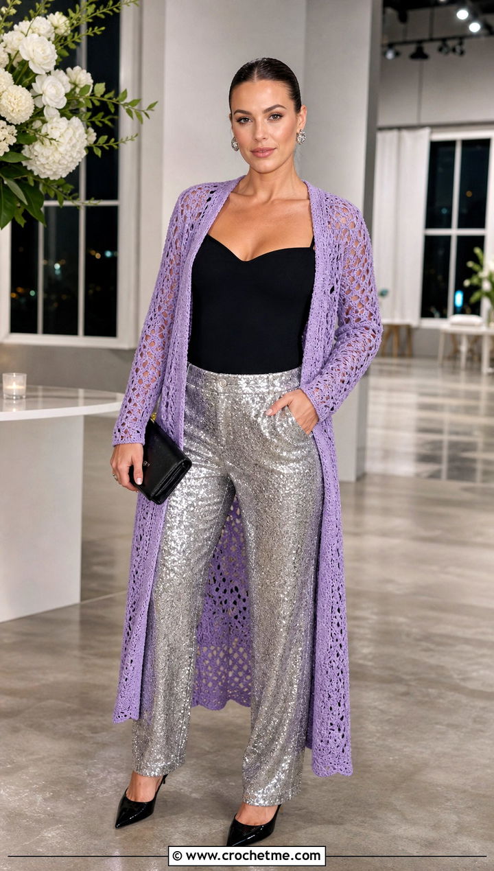 Open Front Crochet Cardigan With Sequin Pants - 30 crochet for cardigans outfit ideas