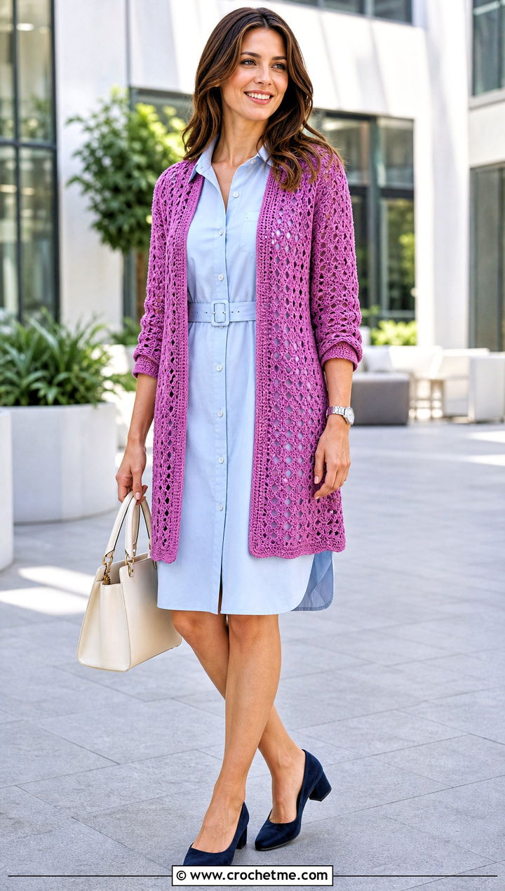 Open Front Crochet Cardigan With Shirt Dress - 35 ladies crochet cardigan outfit ideas