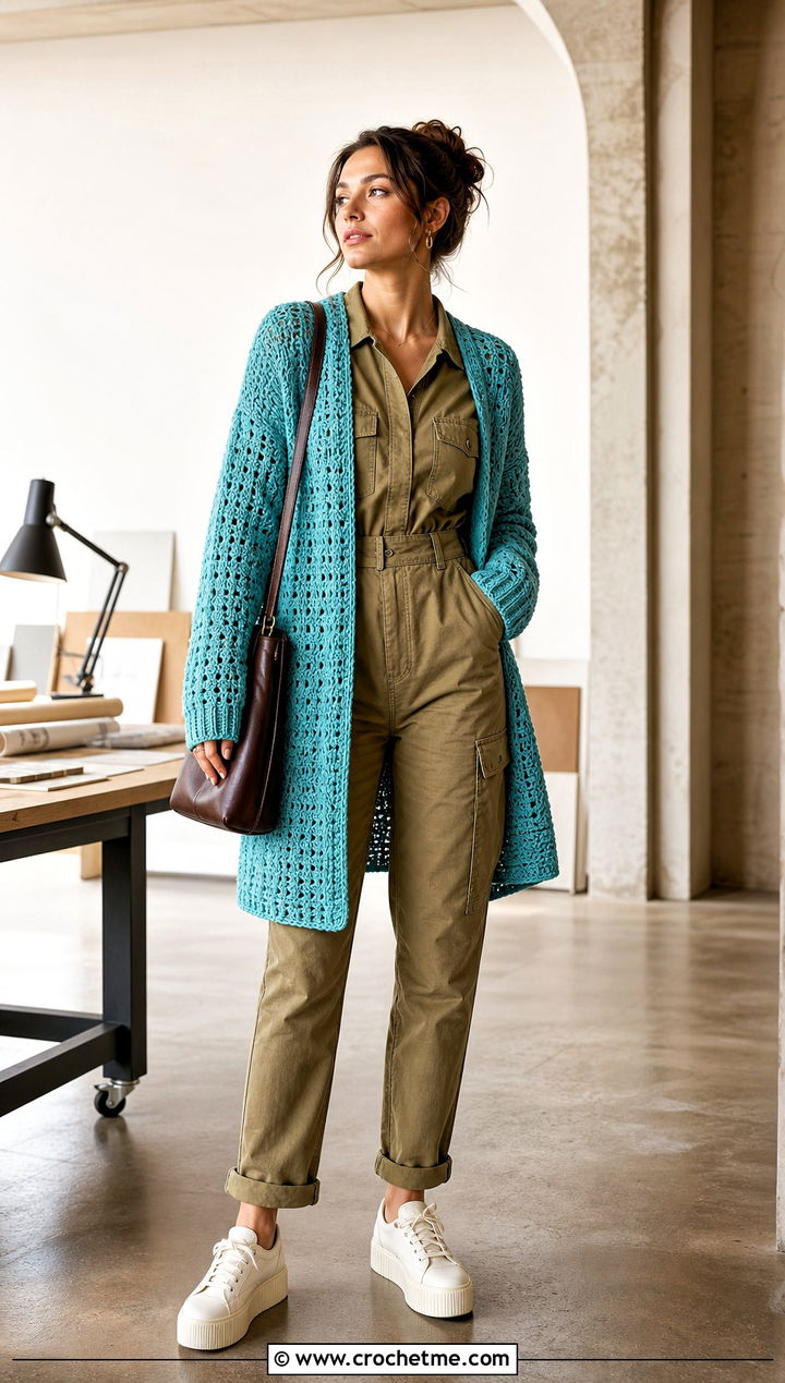 Open Front Crochet Cardigan With Utility Jumpsuit - 20 Crochet Cardigan For Women Sweater Coats outfit ideas