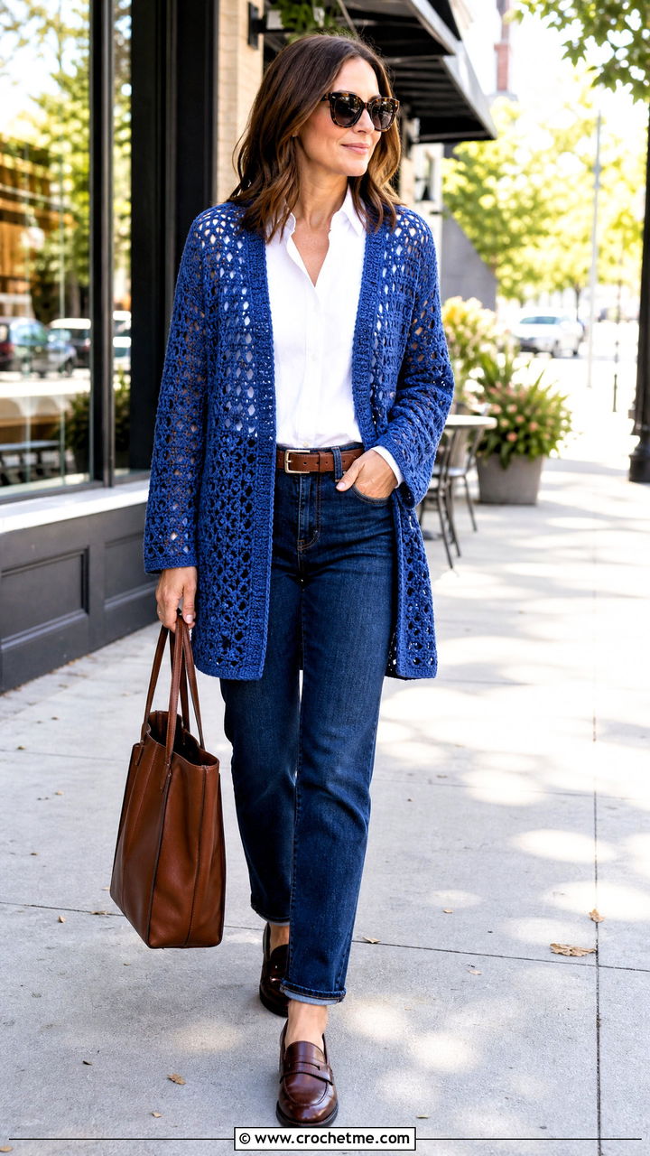 Open Front Crochet Cardigan With White Shirt And Jeans - 35 crochet cardigan women outfit ideas