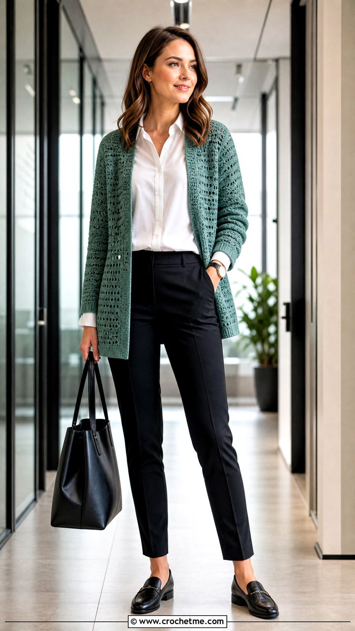 Open Front Crochet Cardigan With White Shirt - 35 easy crochet cardigan women outfit ideas