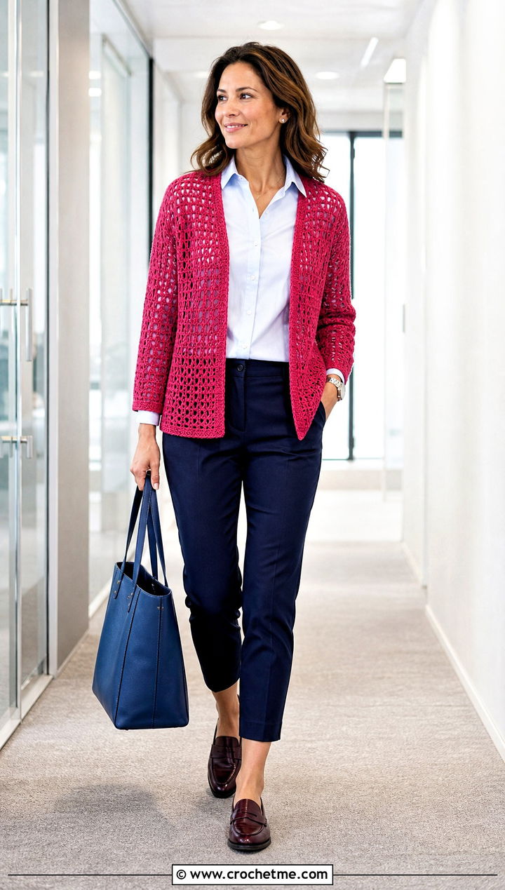 Open Front Crochet Cardigan With a Button Down Shirt - 30 cute crochet cardigans outfit ideas