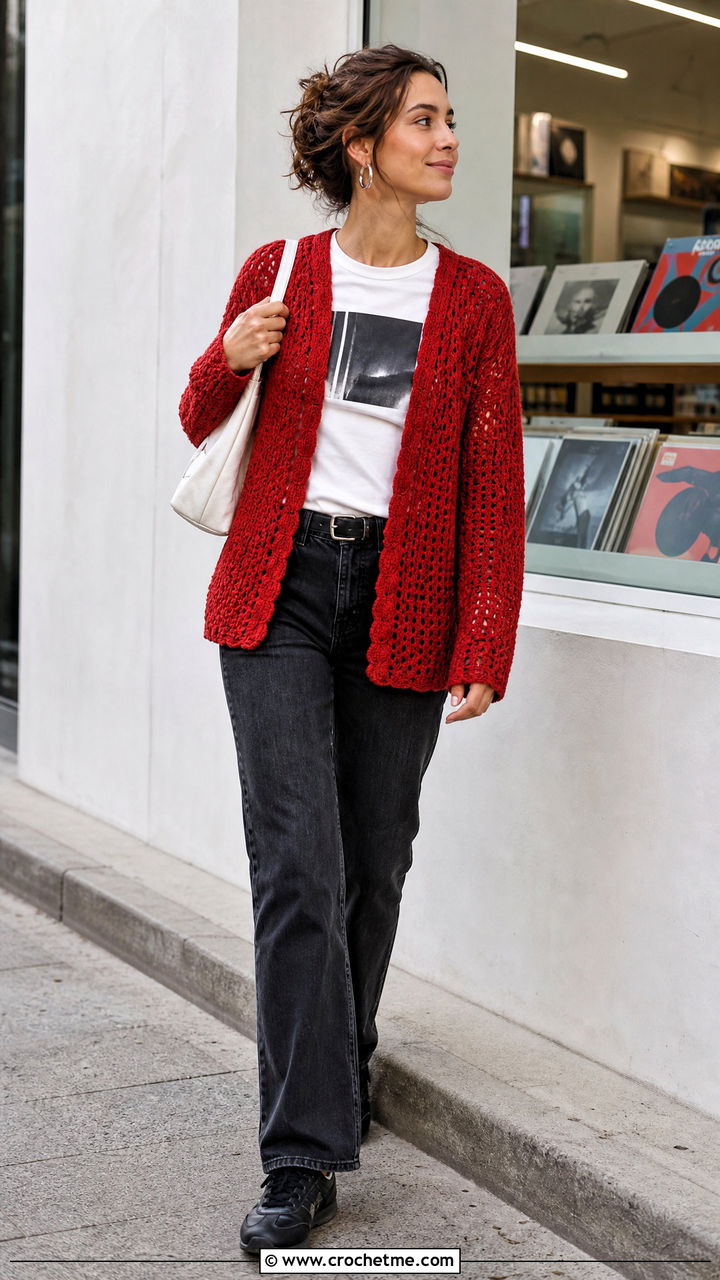 Open Front Crochet Cardigan With a Graphic Tee - 35 beginner crochet cardigan outfit ideas