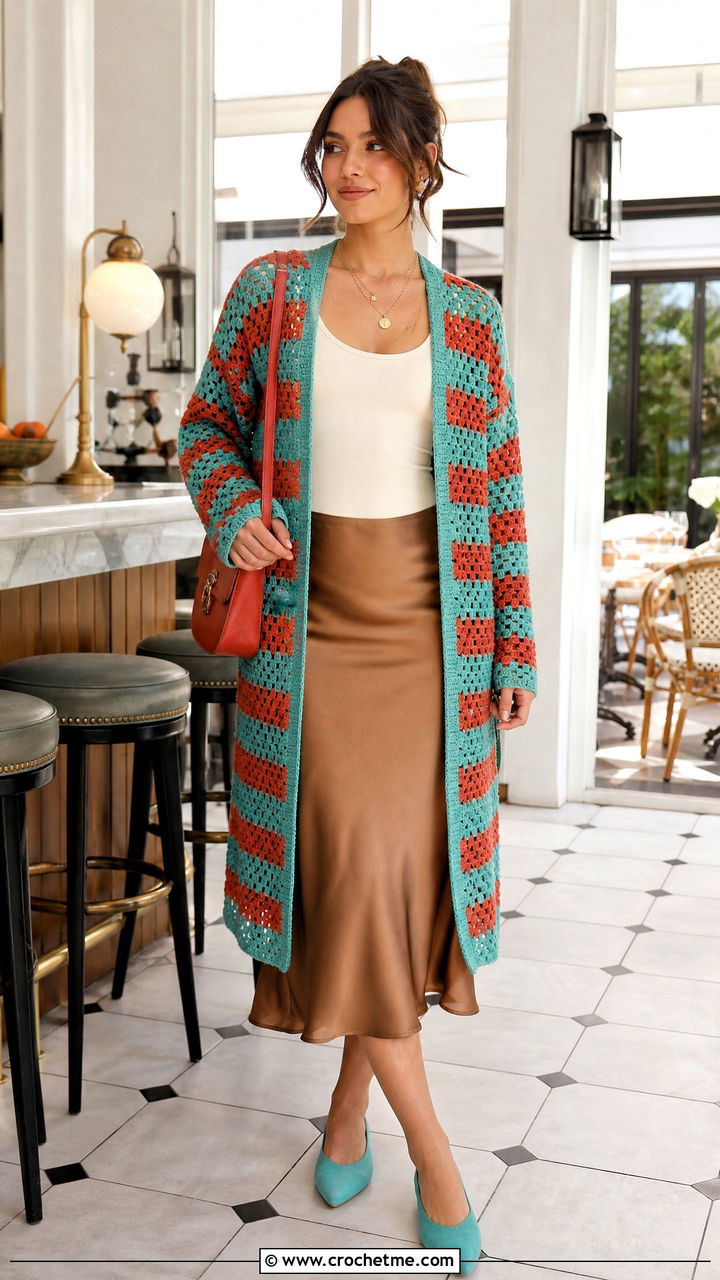 Open Front Crochet Checkered Cardigan With Slip Skirt - 35 crochet checkered cardigan outfit ideas