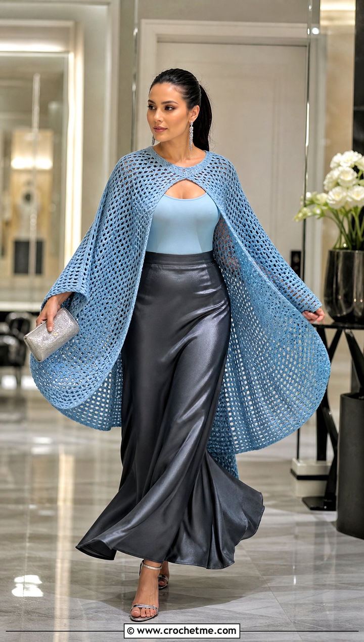 Open Front Crochet Circle Sweater With Maxi Skirt - 25 crochet circle sweater outfit ideas