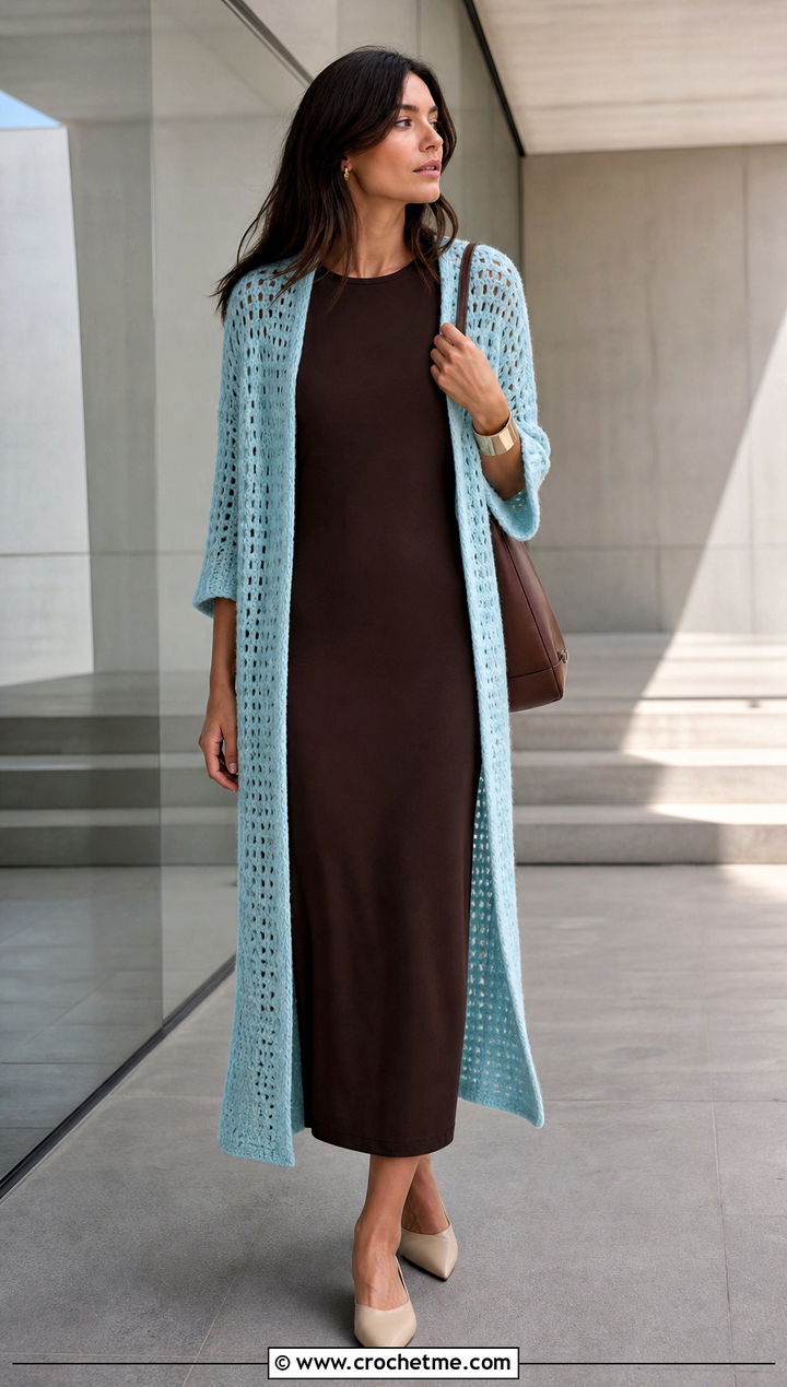 Open Front Crochet Coat With Column Dress - 30 women crochet coat outfit ideas