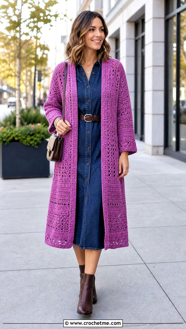 Open Front Crochet Coat With Denim Dress - 25 crochet coat ideas
