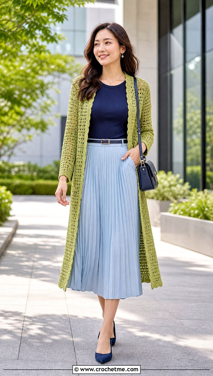 Open Front Crochet Coat With Pleated Midi Skirt - 15 crochet coat size m outfit ideas