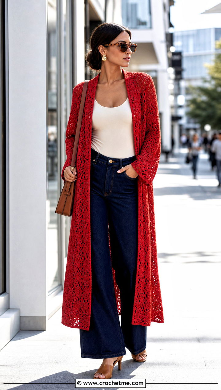 Open Front Crochet Coat With Wide Leg Jeans - 35 crochet long coat outfit ideas