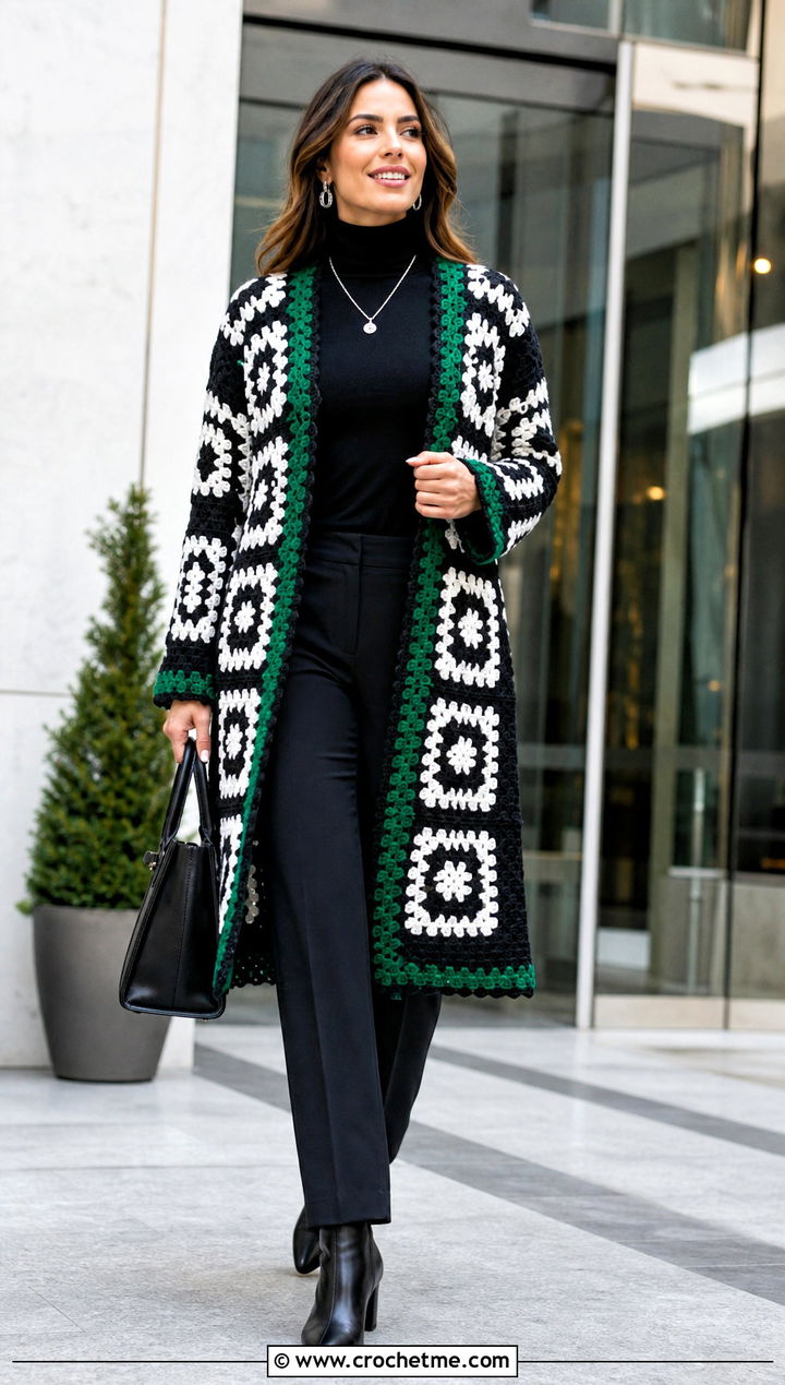 Open Front Crochet Coatigan With Monochrome Layers - 25 Black White Crochet Cardigan outfit ideas