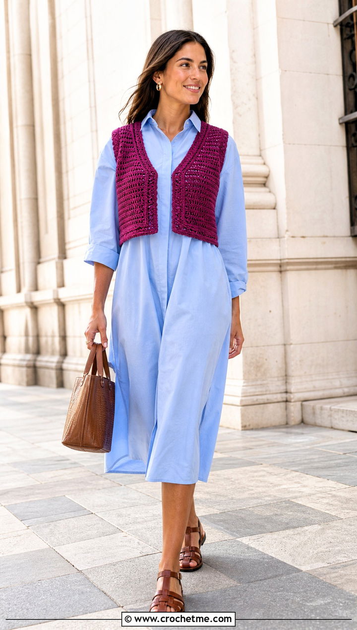Open Front Crochet Crop Vest With Poplin Dress - 30 crochet crop vest outfit ideas