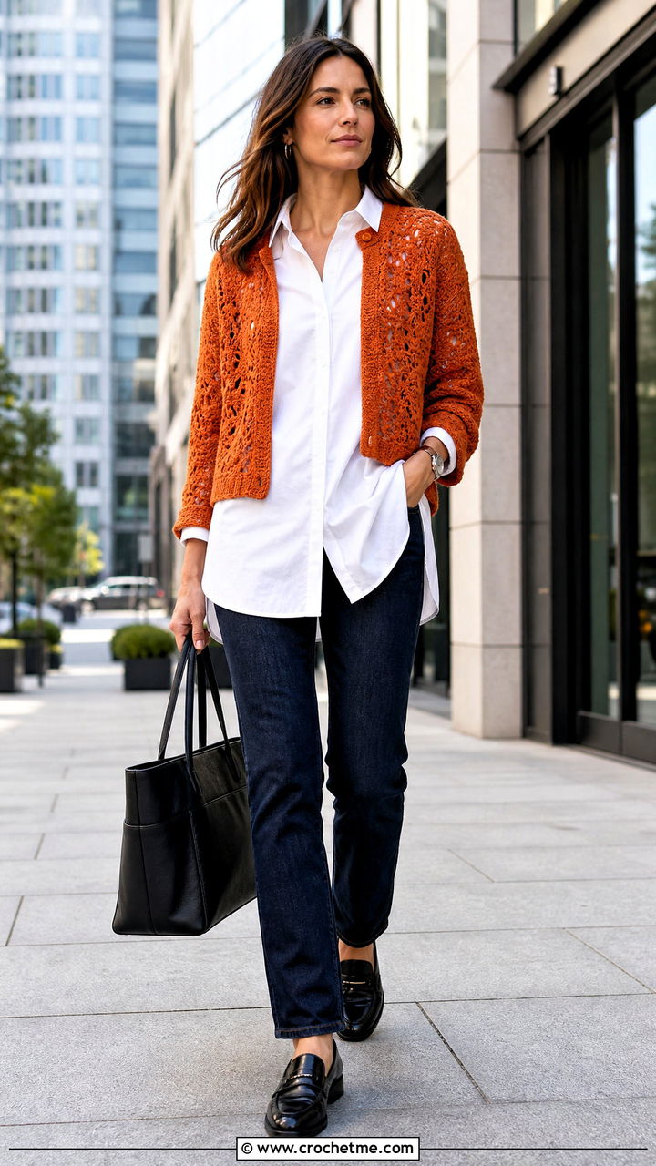 Open Front Crochet Cropped Cardigan With Shirt And Jeans - 35 crochet cropped cardigan outfit ideas