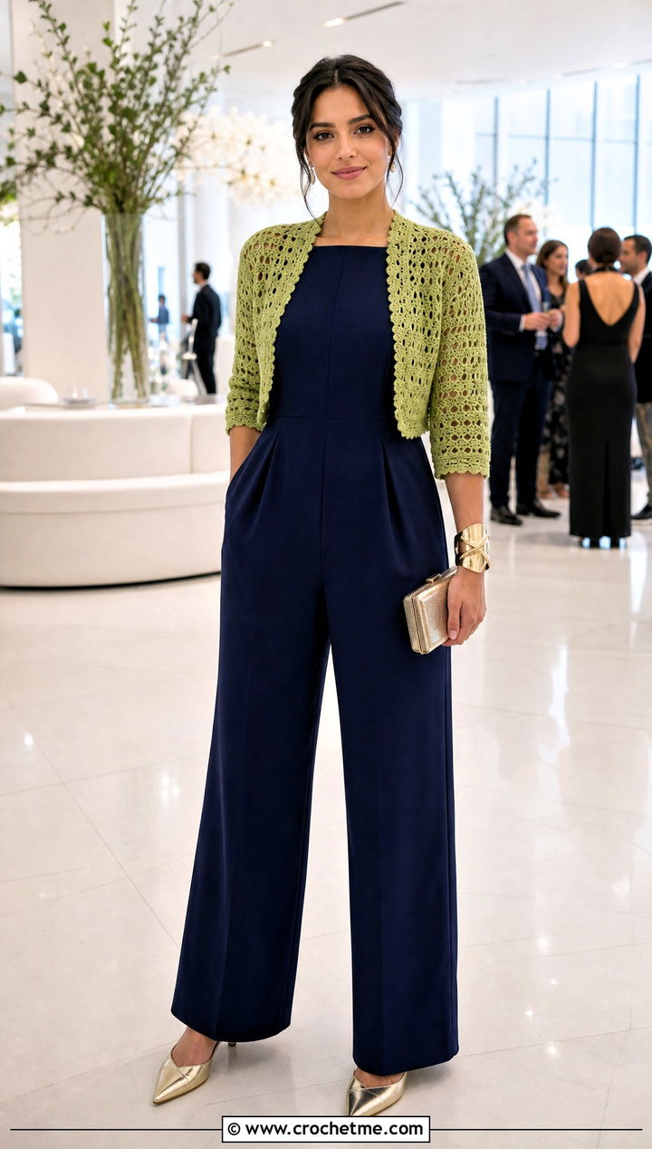Open Front Crochet Cropped Shrug With Jumpsuit - 20 Easy Crochet Cropped Cardigan outfit ideas