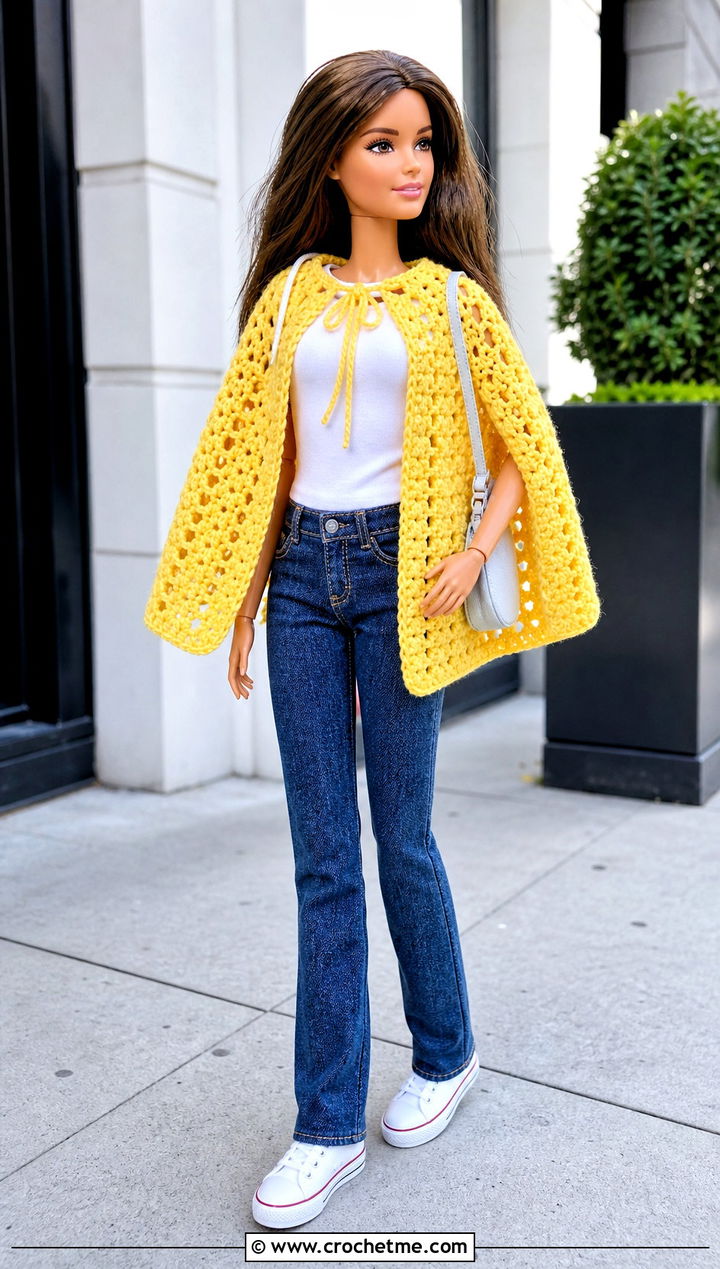 Open Front Crochet Doll Cape With T Shirt And Jeans - 25 Crochet Doll Cape outfit ideas