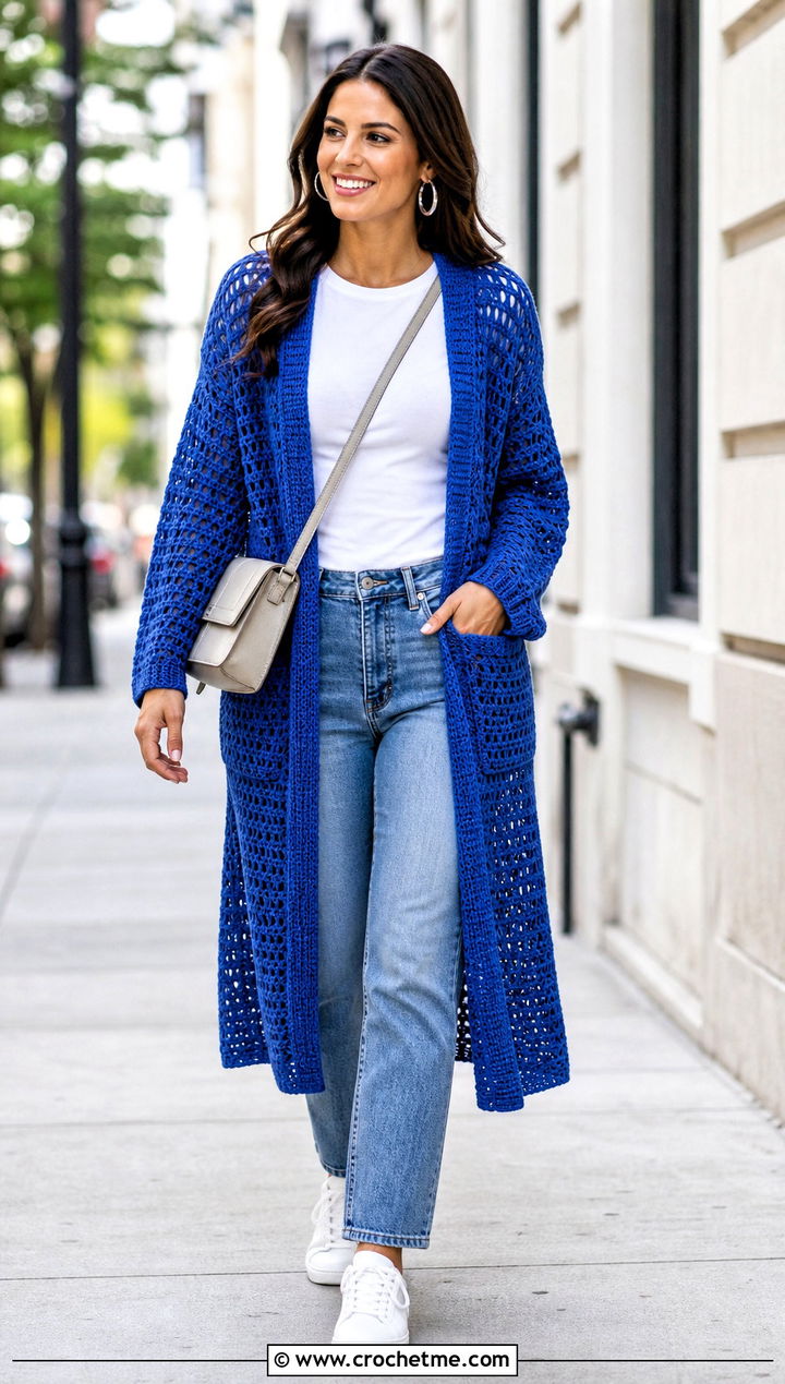 Open Front Crochet Duster Cardigan With Straight Leg Jeans - 15 crochet long cardigan with pockets outfit ideas