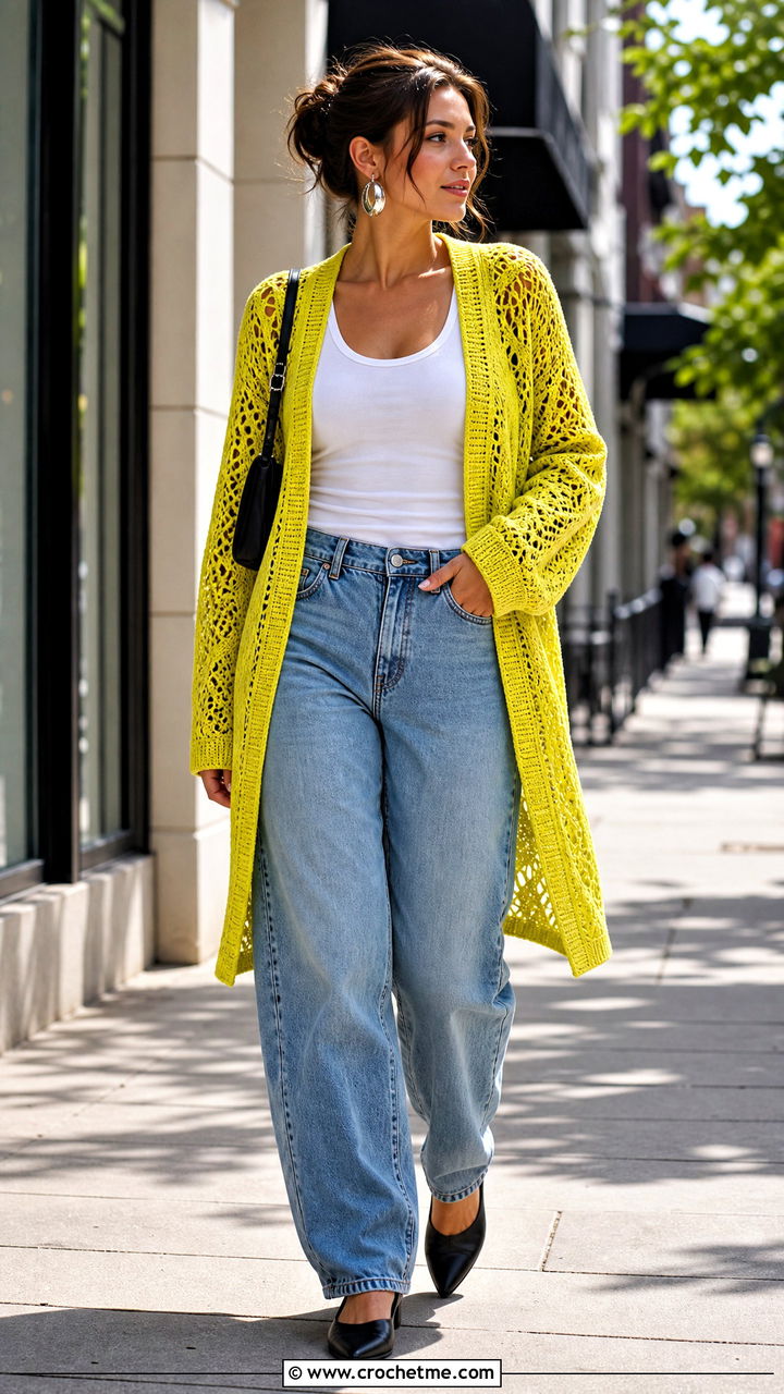 Open Front Crochet Folklore Cardigan With Barrel Jeans - 35 crochet folklore cardigan outfit ideas