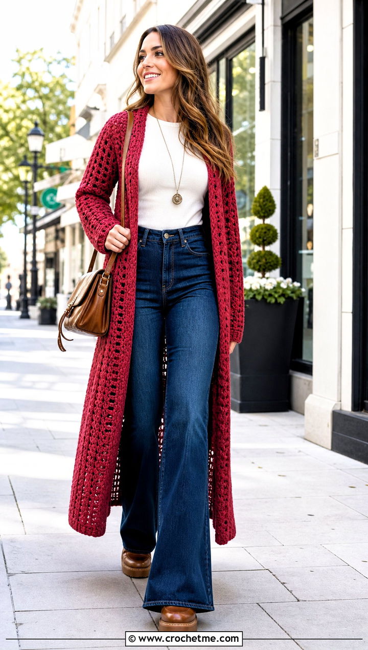 Open Front Crochet Grandpa Sweater With Flare Jeans - 25 Crochet Grandpa Sweater outfit ideas