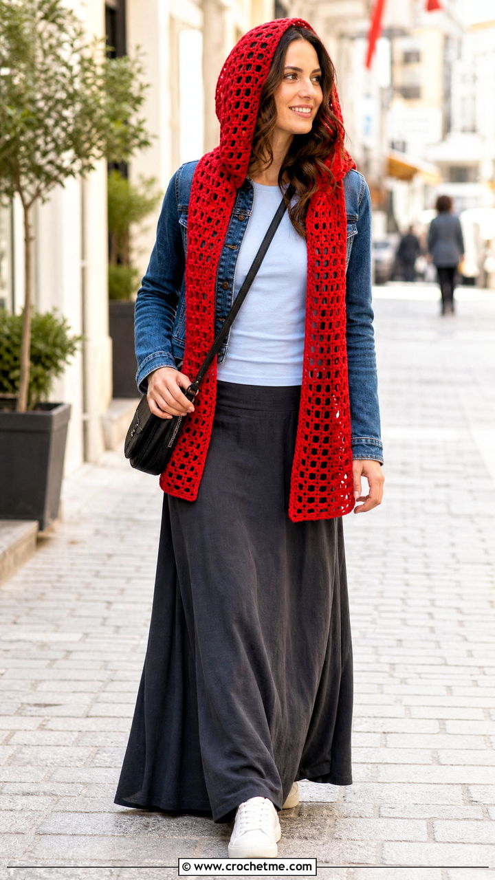 Open Front Crochet Hood Scarf With T Shirt And Maxi Skirt - 35 crochet hood scarf outfit ideas