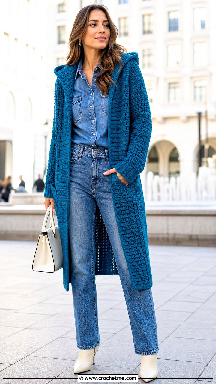 Open Front Crochet Hooded Cardigan With Matching Denim - 35 crochet hooded cardigan outfit ideas