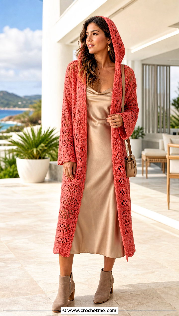 Open Front Crochet Hoodie Blanket With Slip Dress - 25 crochet hoodie blanket outfit ideas