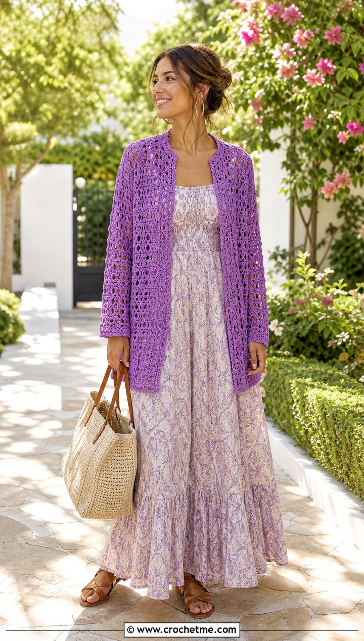 Open Front Crochet Jacket With Maxi Dress - 25 crochet clothes jacket outfit ideas