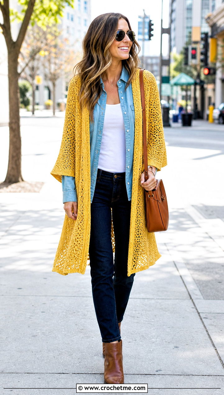 Open Front Crochet Kimono Cardigan With Double Denim - 35 crochet kimono cardigan outfit ideas
