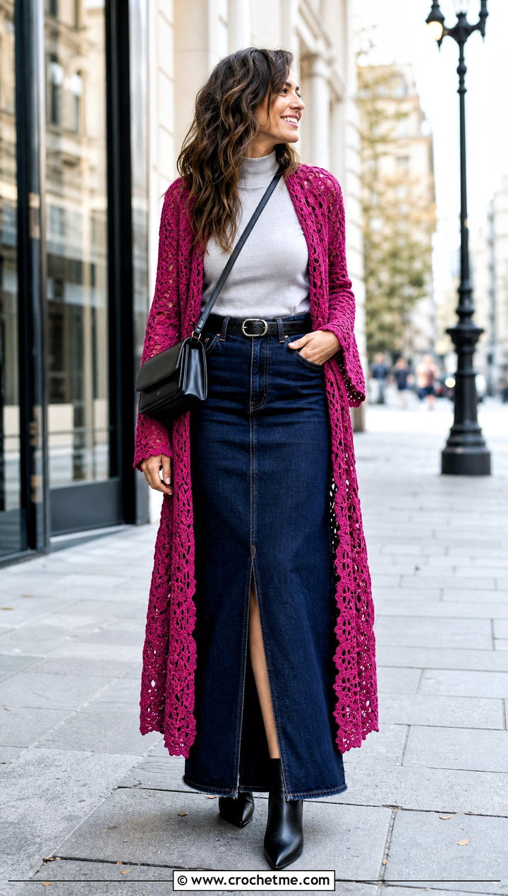 Open Front Crochet Lace Duster Cardigan With Denim Maxi Skirt - 20 Crochet Long Lacy Cardigan outfit ideas