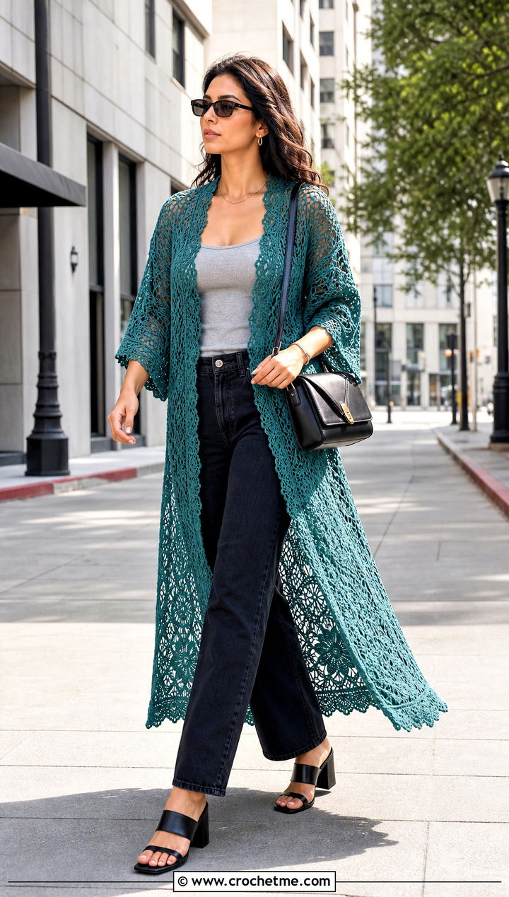 Open Front Crochet Lace Kimono With Tank And Jeans - 25 crochet lace cover up outfit ideas