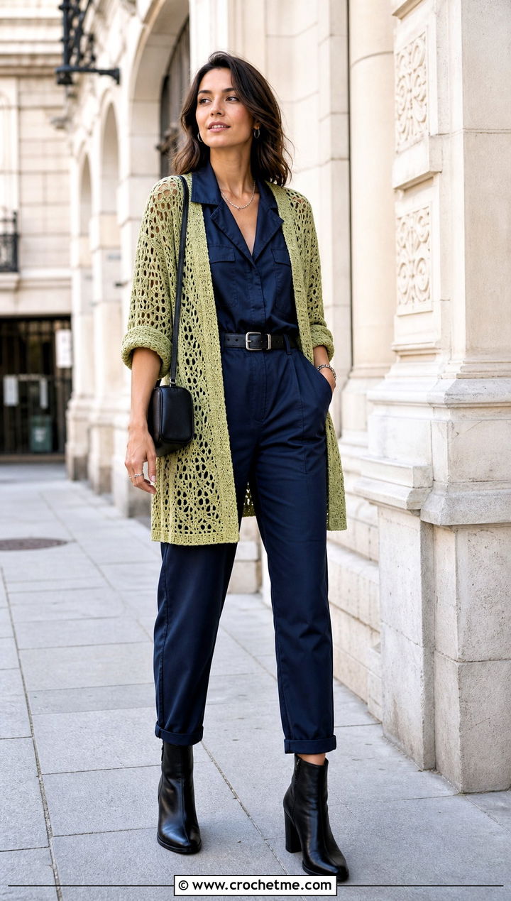 Open Front Crochet Lacy Cardigan With Utility Jumpsuit - 30 crochet lacy cardigan outfit ideas