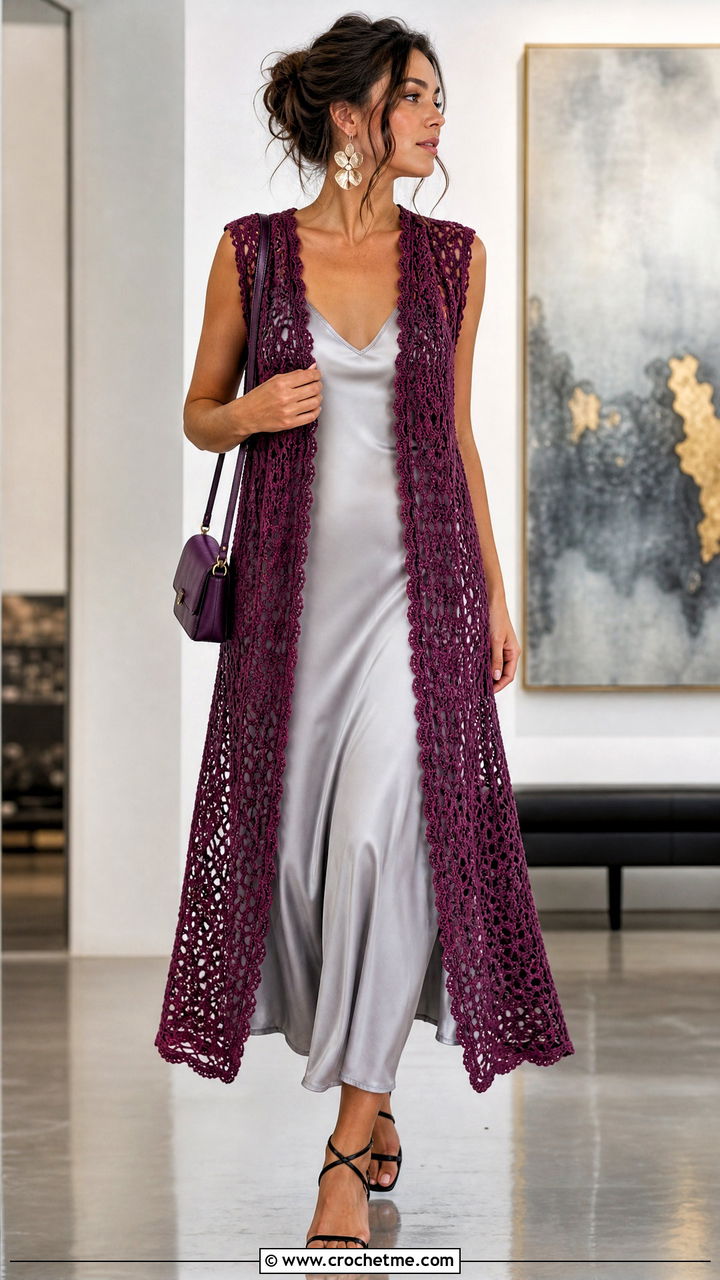 Open Front Crochet Long Vest With Satin Slip Dress - 35 Crochet Long Vest outfit ideas