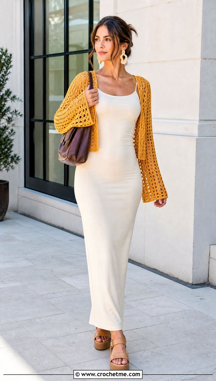 Open Front Crochet Mesh Shrug Top With Tank Dress - 30 long sleeve crochet mesh top outfit ideas