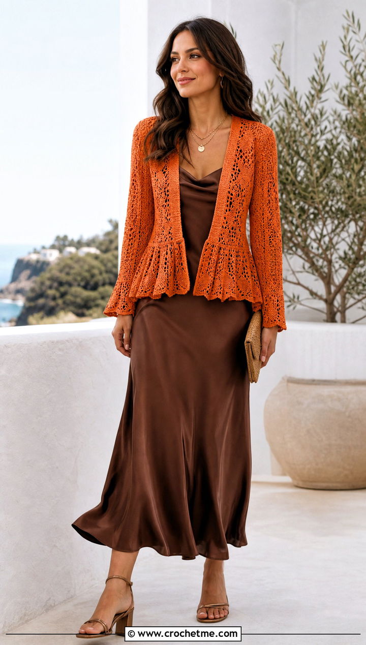 Open Front Crochet Peplum Jacket With Slip Dress - 15 crochet peplum jacket outfit ideas