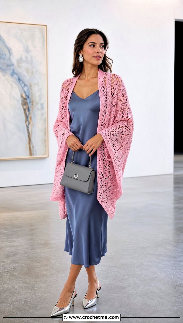Open Front Crochet Ponchini With Slip Dress - 15 Modern Crochet Poncho outfit ideas