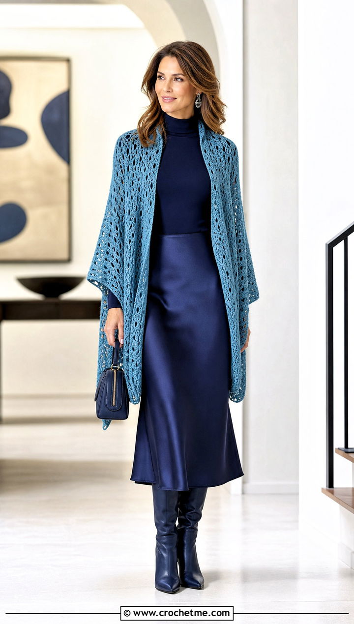 Open Front Crochet Poncho With A Satin Midi Skirt - 15 Winter Crochet Poncho outfit ideas