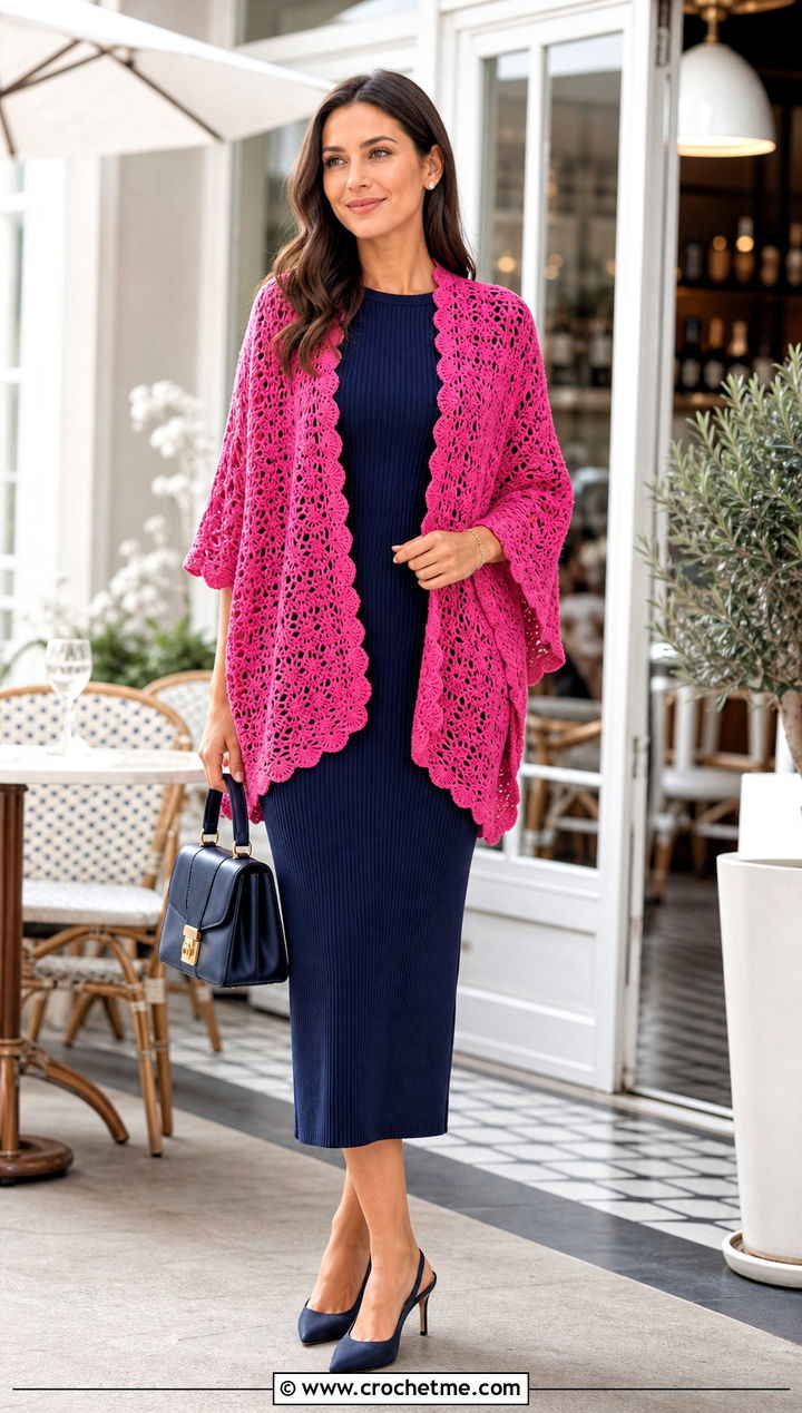 Open Front Crochet Poncho With Column Dress - 15 Quick Crochet Poncho outfit ideas