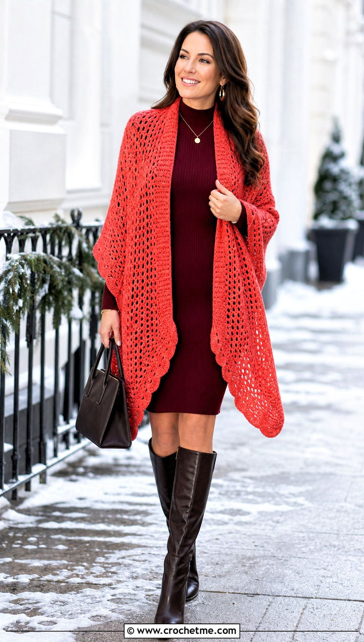 Open Front Crochet Poncho With Sweater Dress - 15 diy crochet poncho outfit ideas