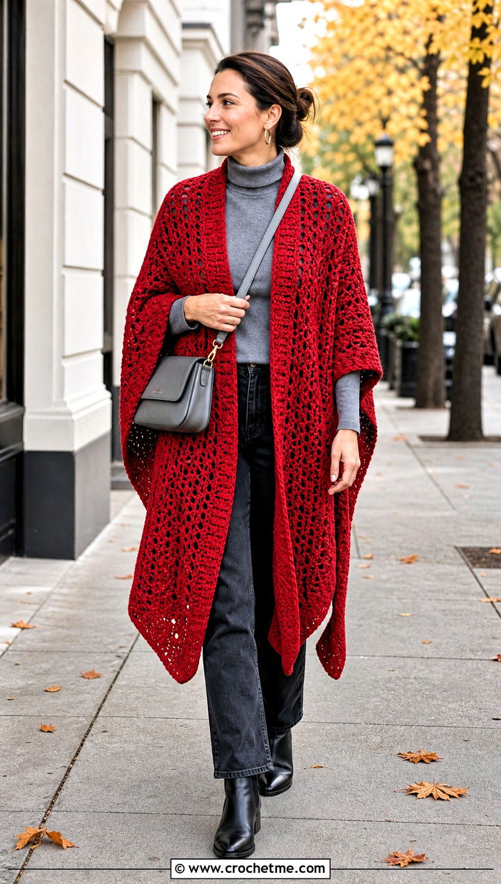 Open Front Crochet Poncho With Turtleneck And Jeans - 25 Beginner Crochet Poncho outfit ideas