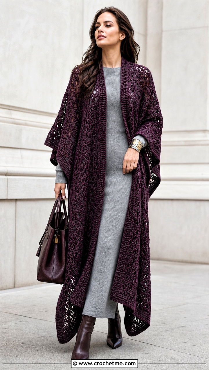 Open Front Crochet Ruana Poncho With Column Dress - 20 Crochet Fall Poncho outfit ideas