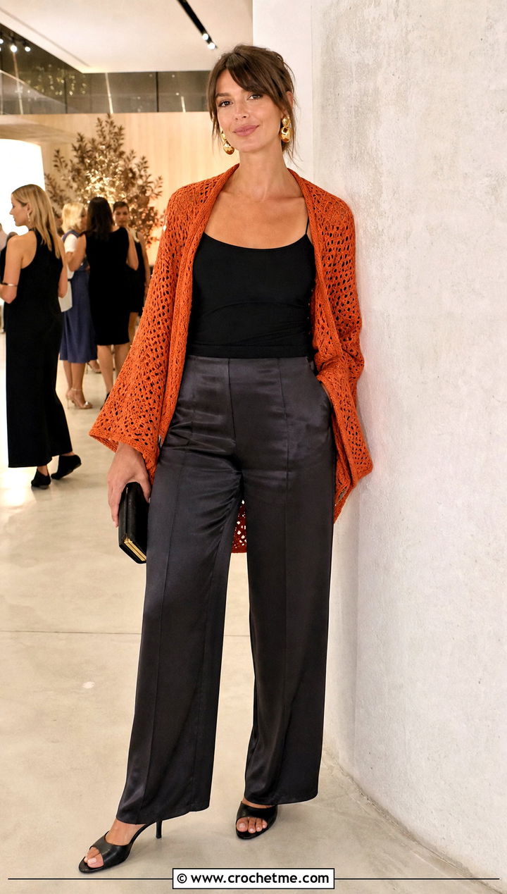 Open Front Crochet Shawl Sweater With Satin Pants - 25 crochet shawl sweater outfit ideas