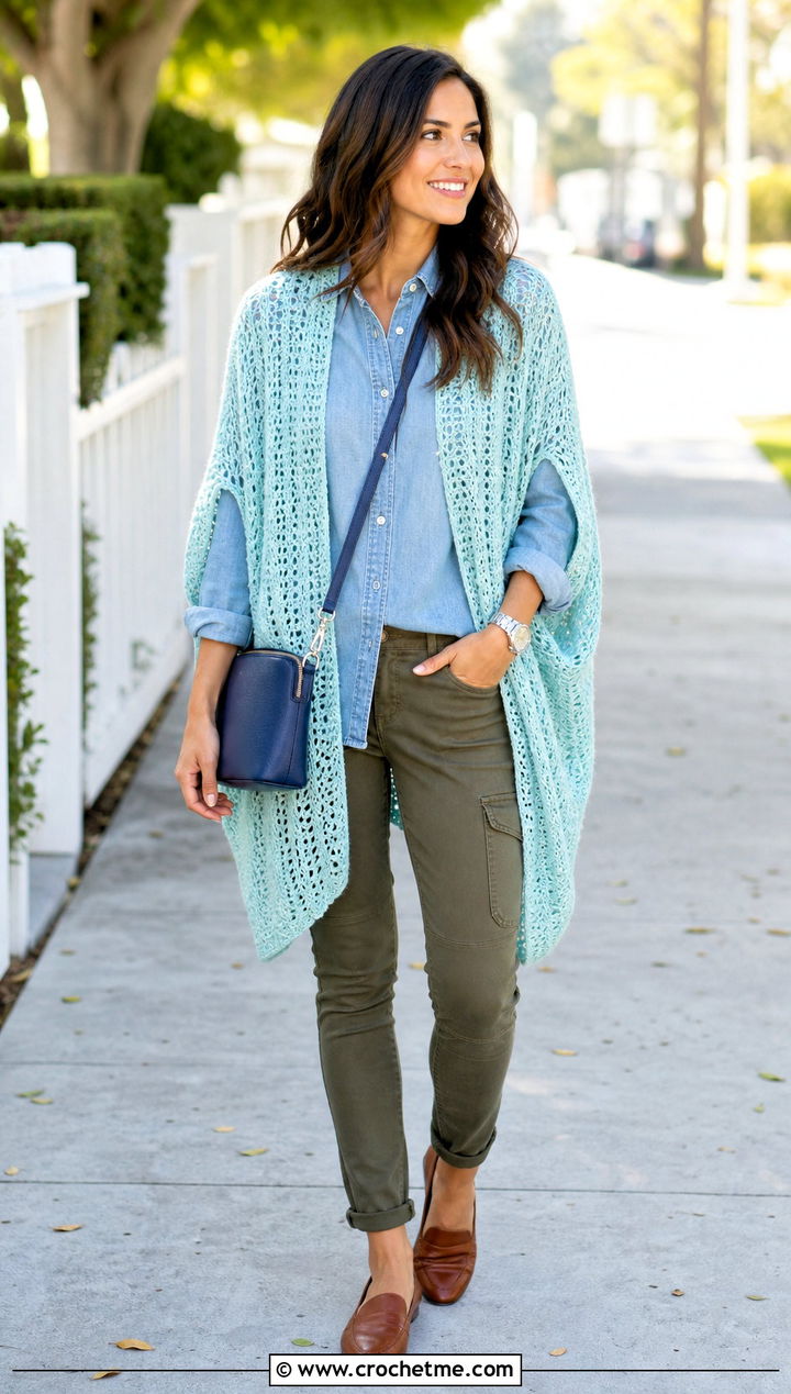 Open Front Crochet Shawl With Arm Holes And Denim Shirt - 30 crochet shawl with arm holes outfit ideas