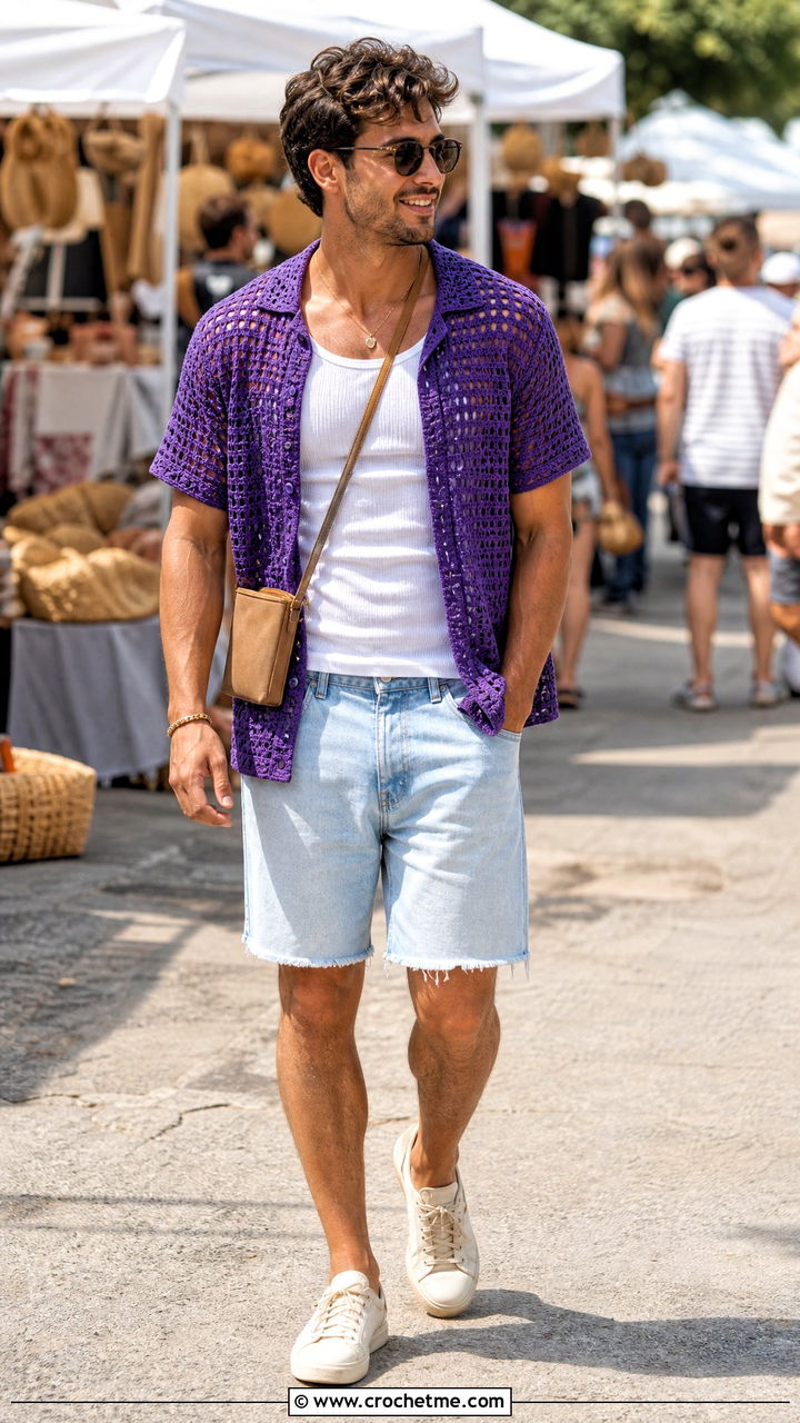 Open Front Crochet Shirt With Tank And Denim Shorts - 35 crochet shirt men outfit ideas